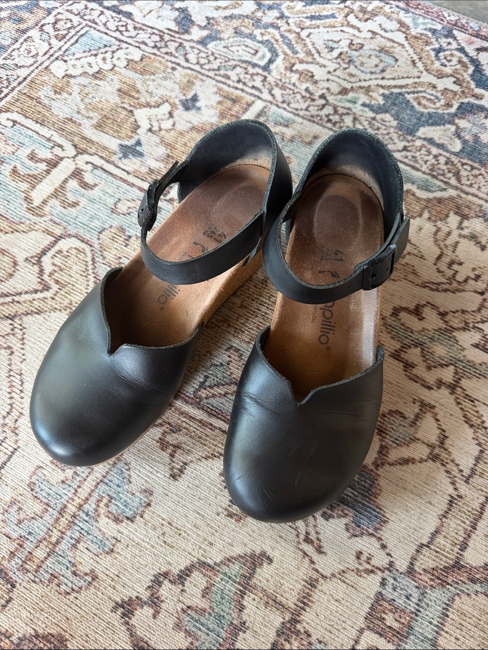 Papillio Black Leather Mary Jane Clog with Buckle Strap